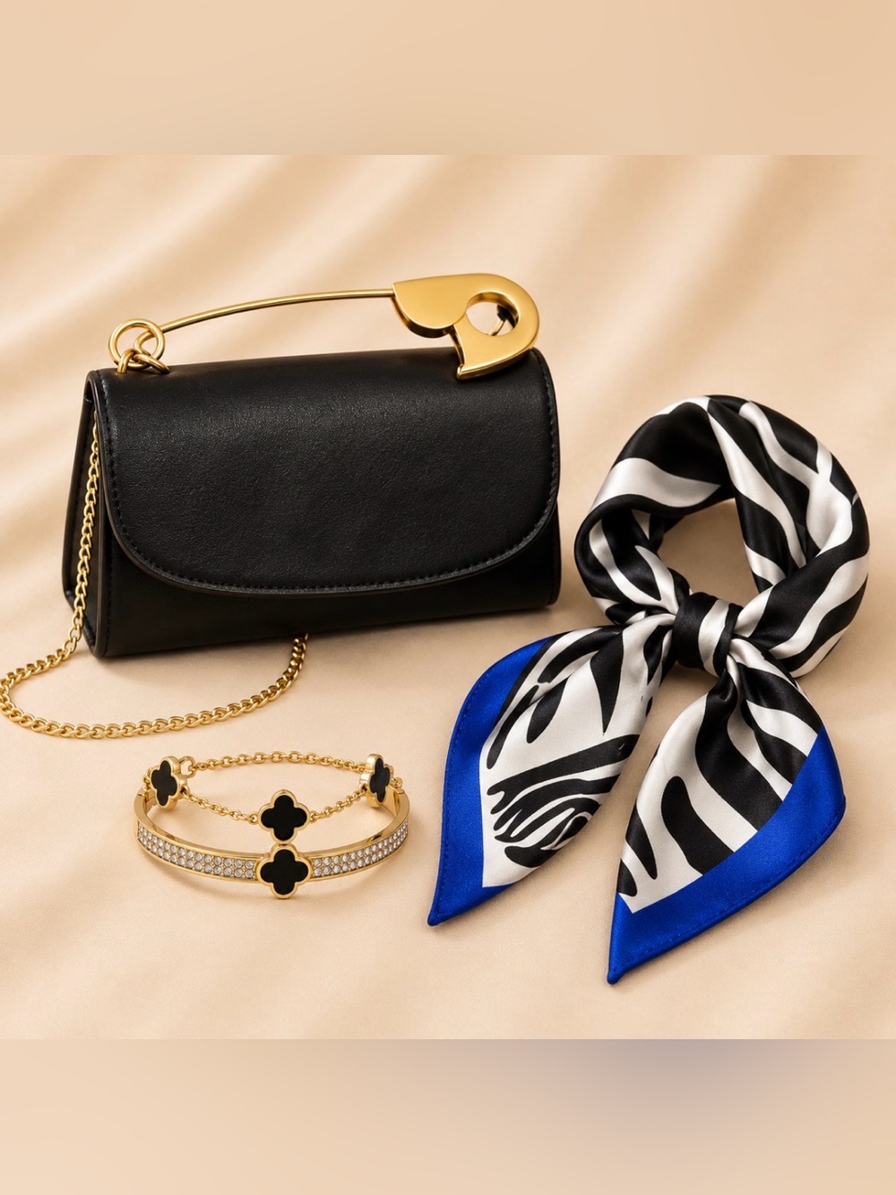 Black & Blue Chic 3-Piece Accessory Bundle – Handbag, Scarf & Bracelet